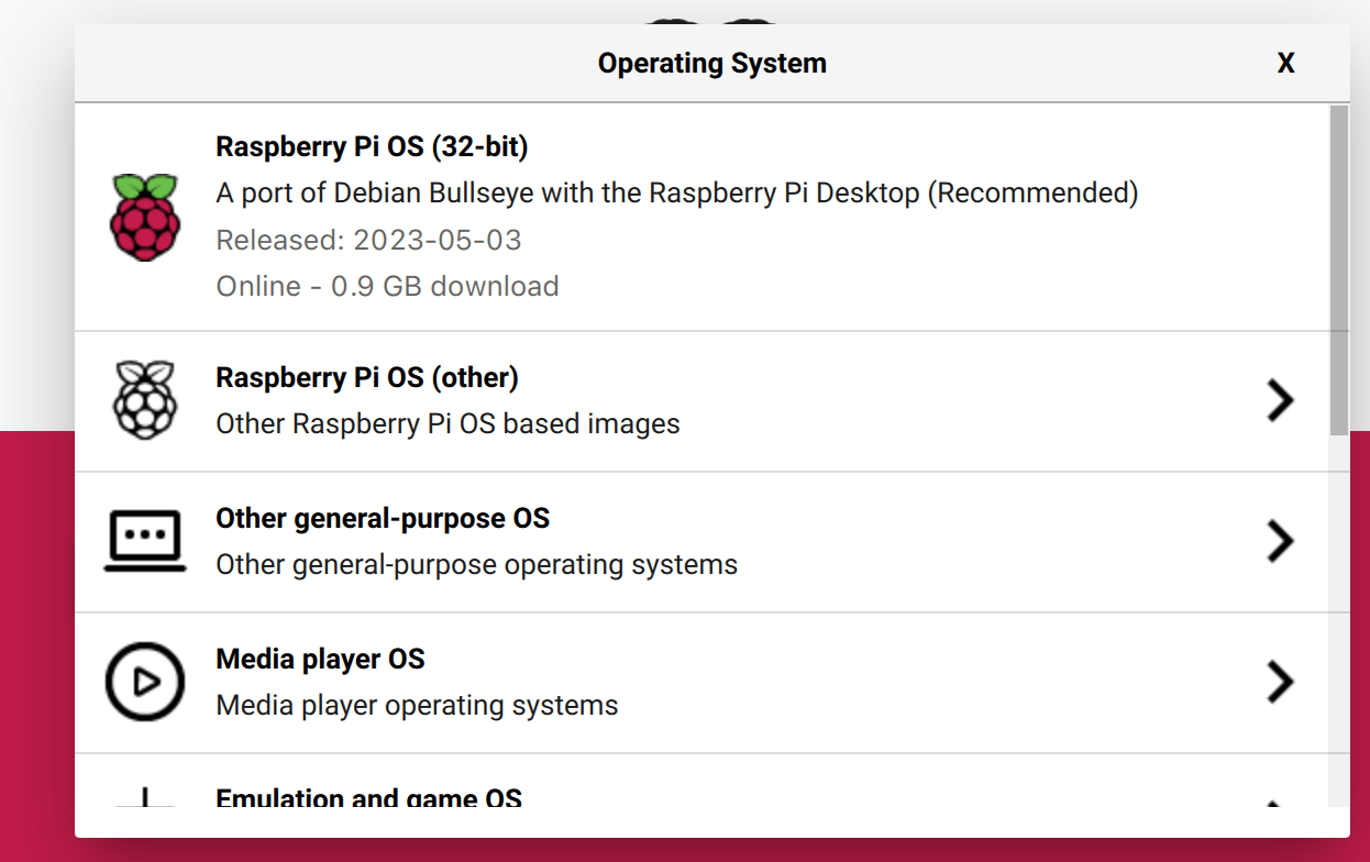 Raspbery Pi Imager OS picker