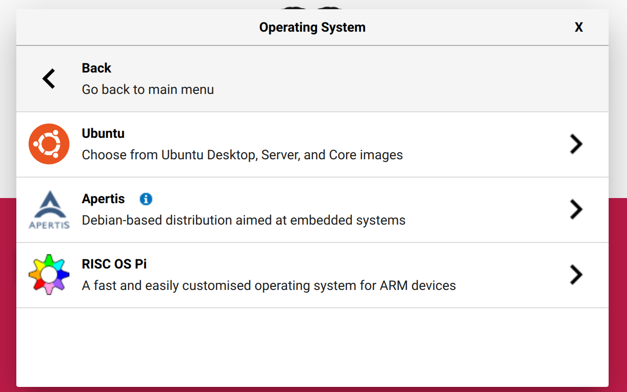 Raspberry Pi Imager "Other general-purpose OS" menu.