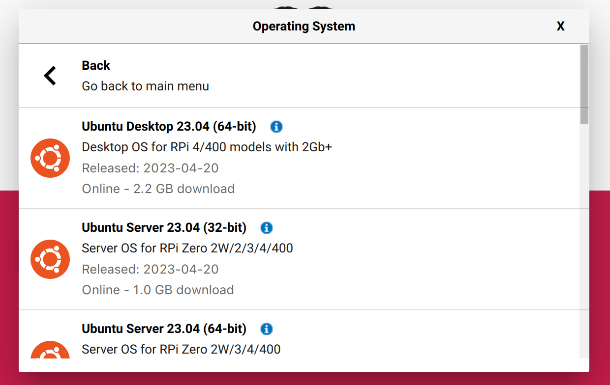 Raspberry Pi Imager Ubuntu options