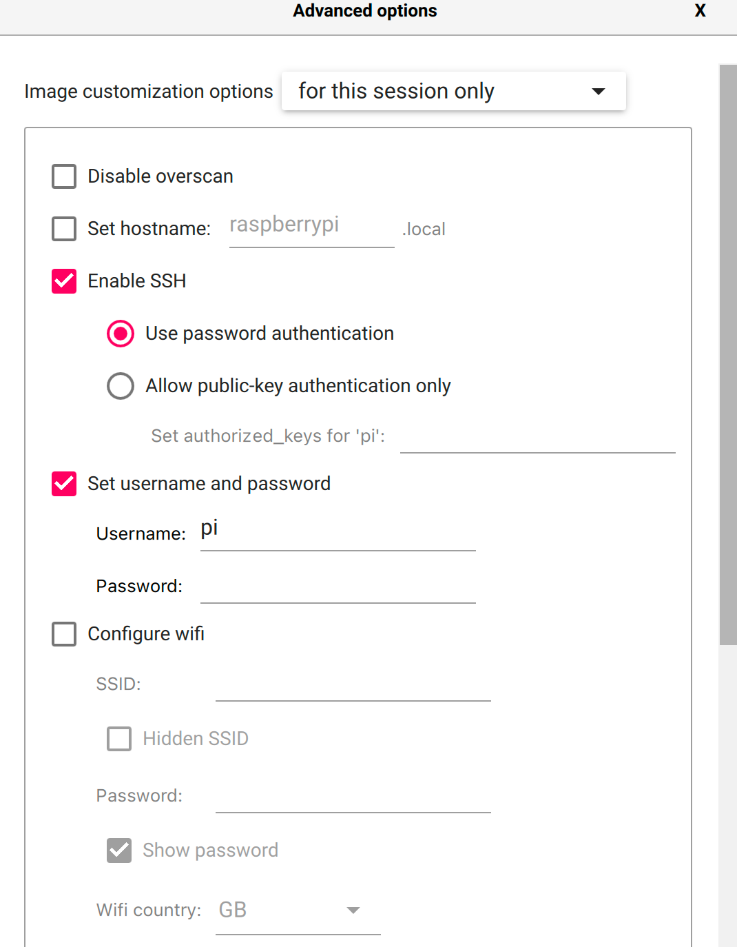 Raspberry Pi Imager settings menu